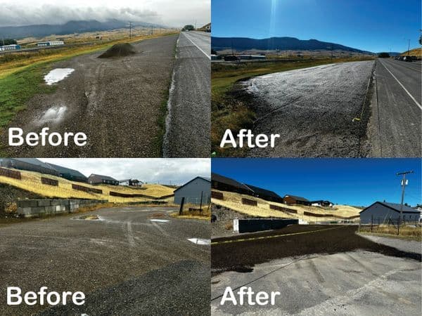 Before and after image showing road maintenance, highlighting improved road conditions and drainage.