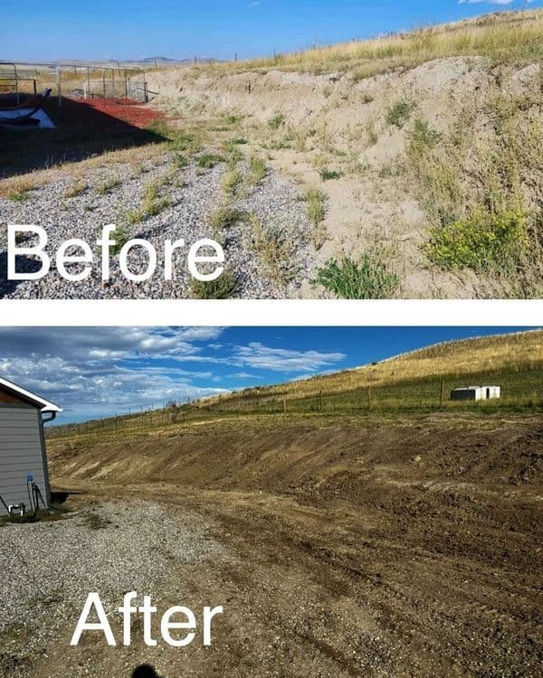 Before and after landscape transformation showcasing cleared, leveled gravel area.