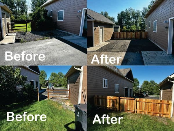 Transformation of home exterior: landscaping and wooden fence renovations, before and after.