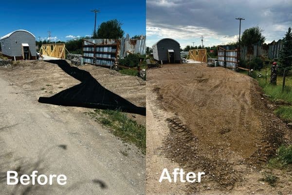 Before and after landscape transformation, showcasing improved gravel path and landscaping.