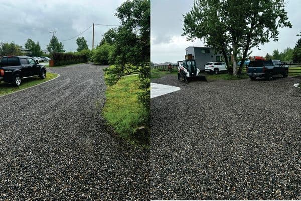 Gravel driveway showing improved surface and parking area with trees in view.