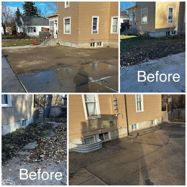 Before lawn cleanup: barren yard, scattered leaves, gravel area, and exterior home elements.