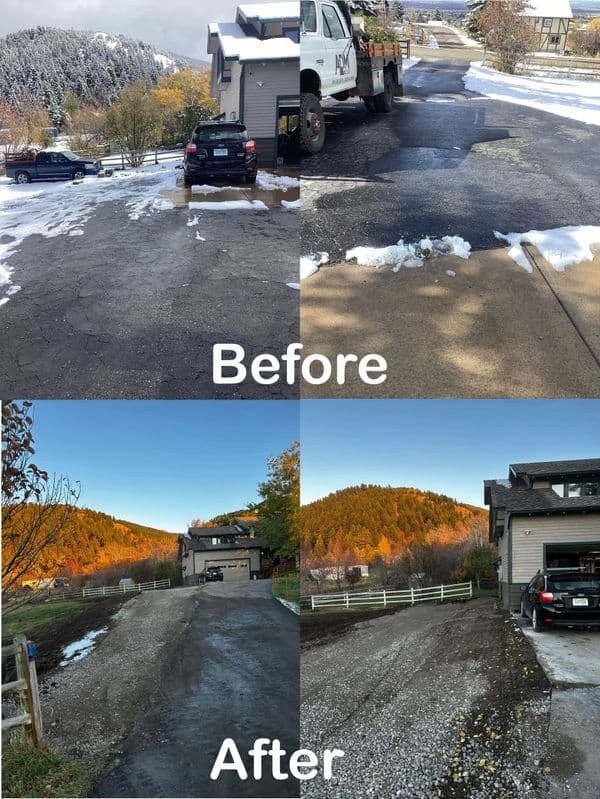 Before and after images of a driveway renovation, showcasing improved surface and cleanliness.