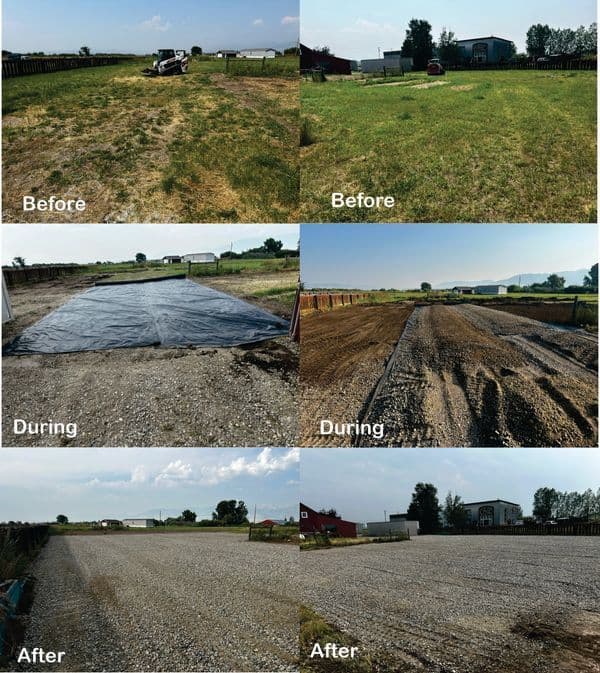 Before and after images showing yard improvement with gravel installation process.