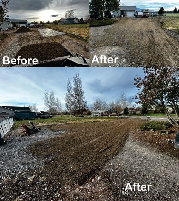 Lawn transformation before and after landscaping project, showcasing improved ground leveling.