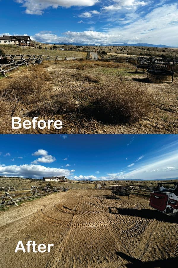 Before and after landscape transformation showing cleared terrain and improved scenery.