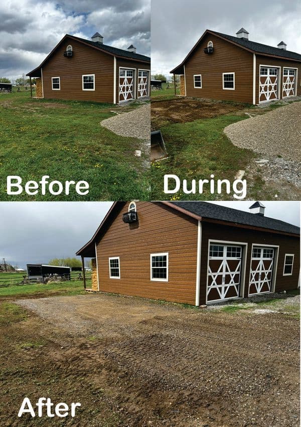 Before, during, and after images of a barn renovation showcasing improved landscaping and exterior.