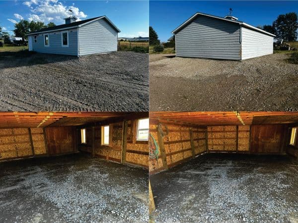 Before and after renovation of a house exterior and interior with gravel flooring.