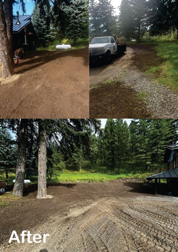 Landscaping transformation showing cleared area, truck, and trees in a sunny outdoor setting.