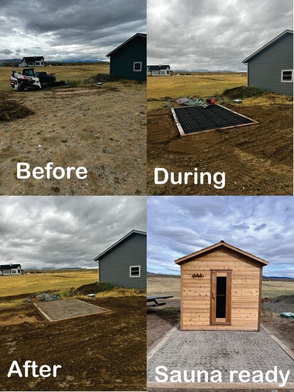 Sauna construction process: before, during, and completed sauna ready for use.