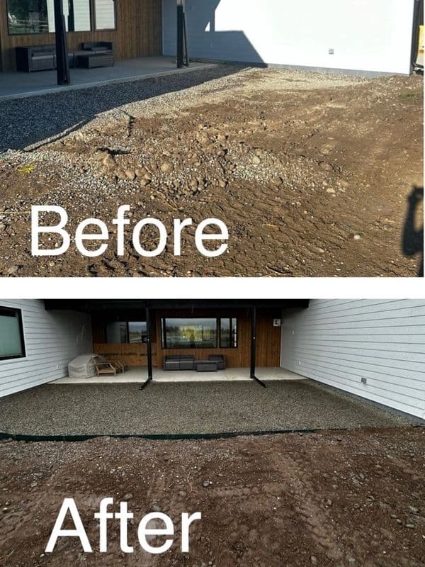 Before and after transformation of an outdoor space with gravel installation.
