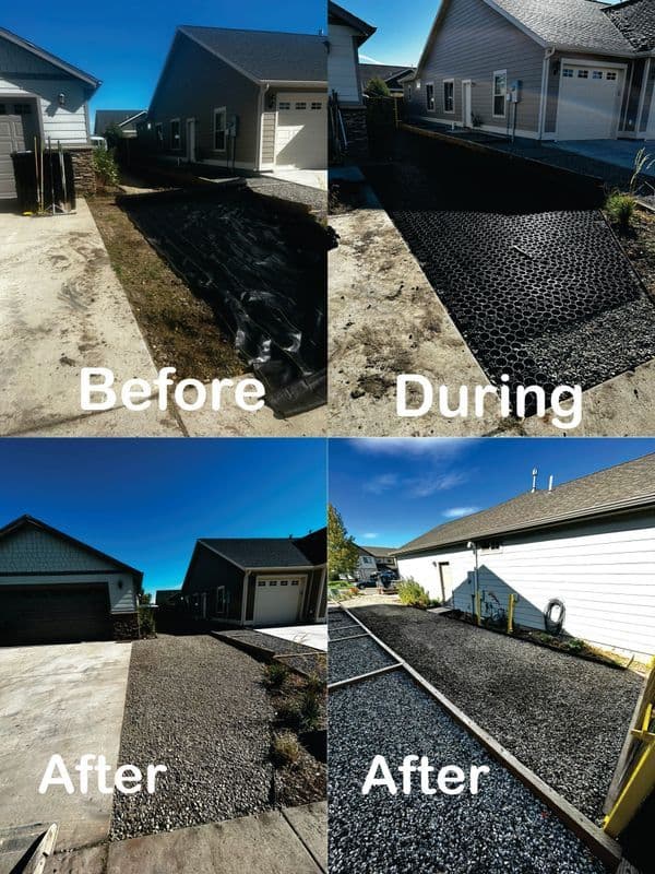 Before and after transformation of a driveway installation, showcasing progress from grass to gravel.