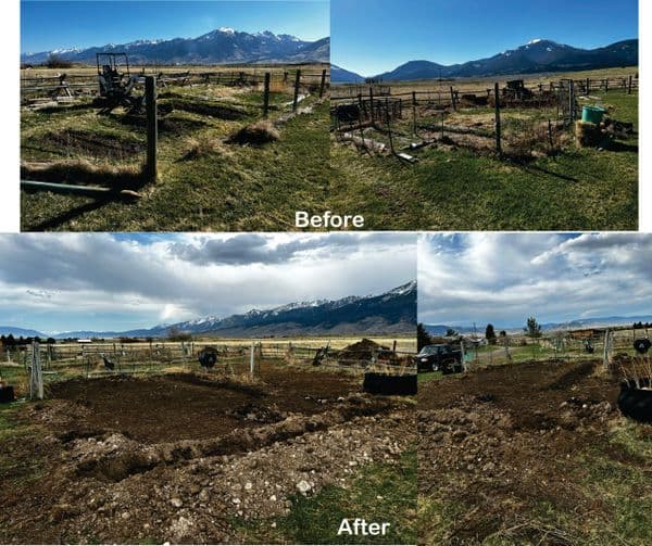 Before and after images of a landscape transformation, showcasing improved farmland with mountains.